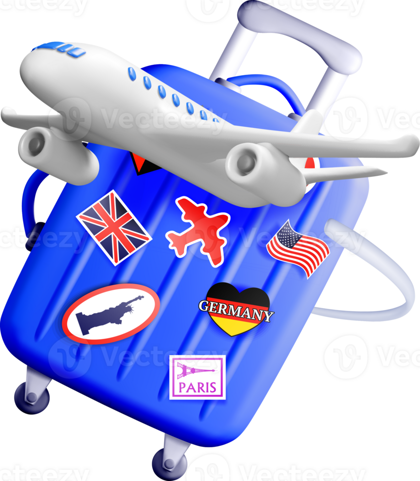 3D Suitcase with Airplane and Travel Stickers png
