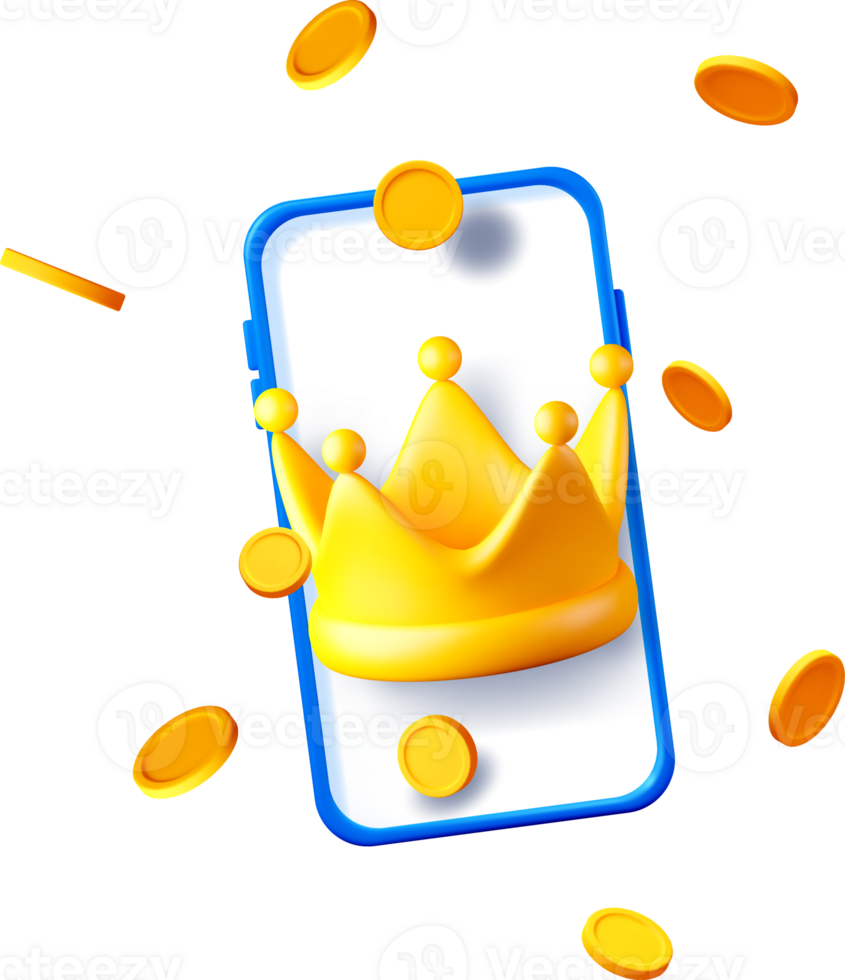 3D Mobile Phone with Crown and Coins Graphics png