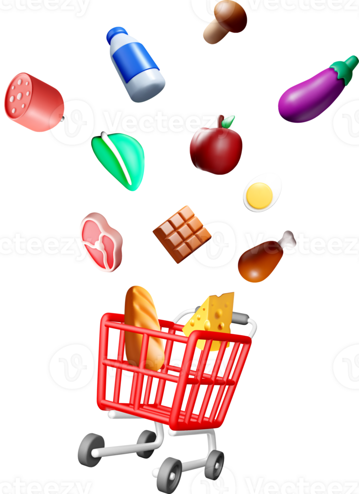 Colorful 3D Grocery Items in Shopping Cart png