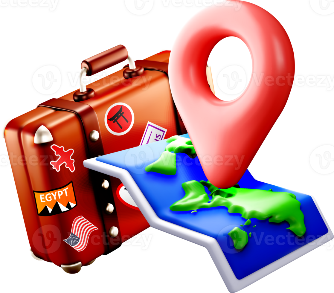 3D Travel Map and Luggage Illustration png