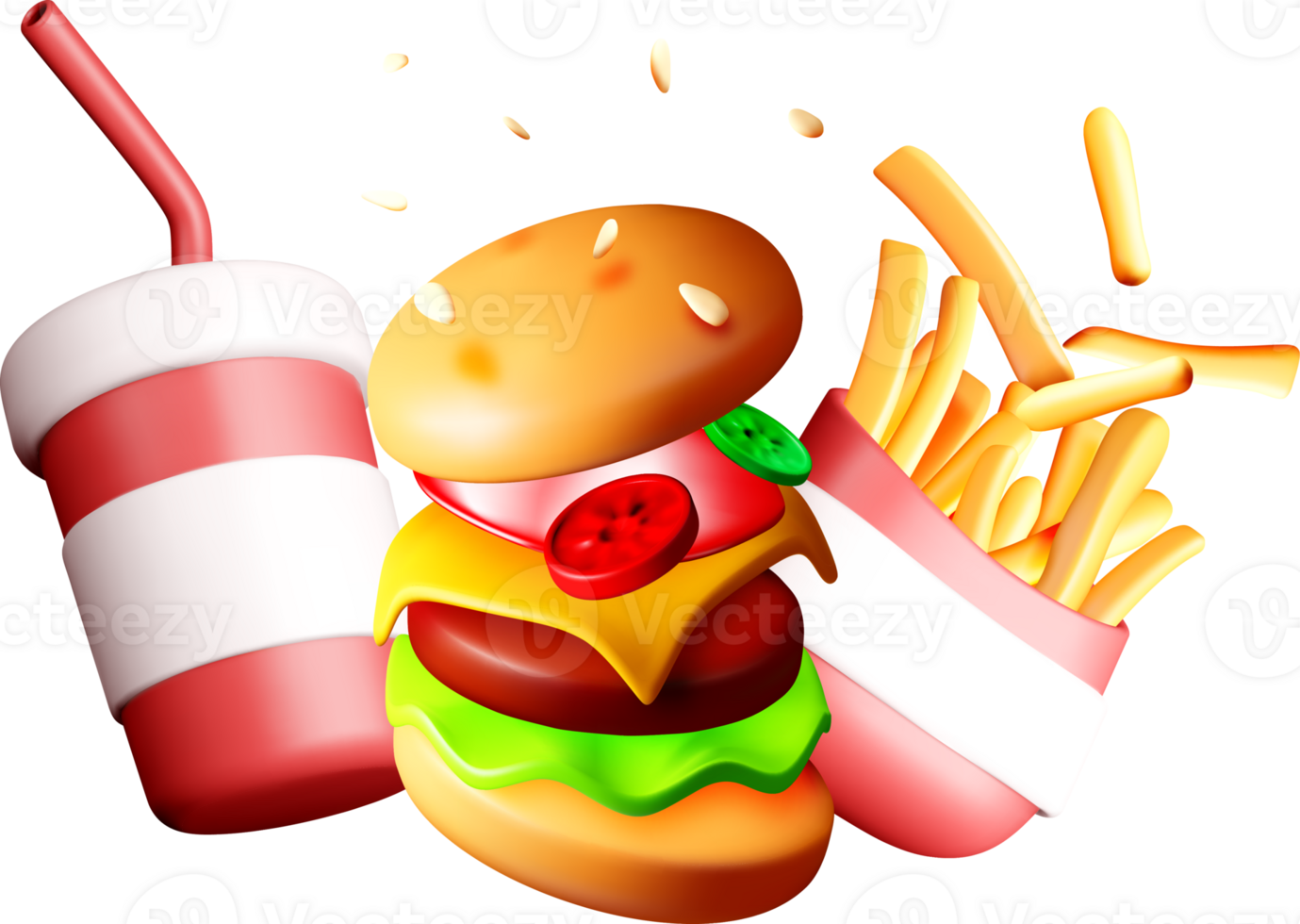 Delicious 3D Burger, Fries, and Drink Combo png