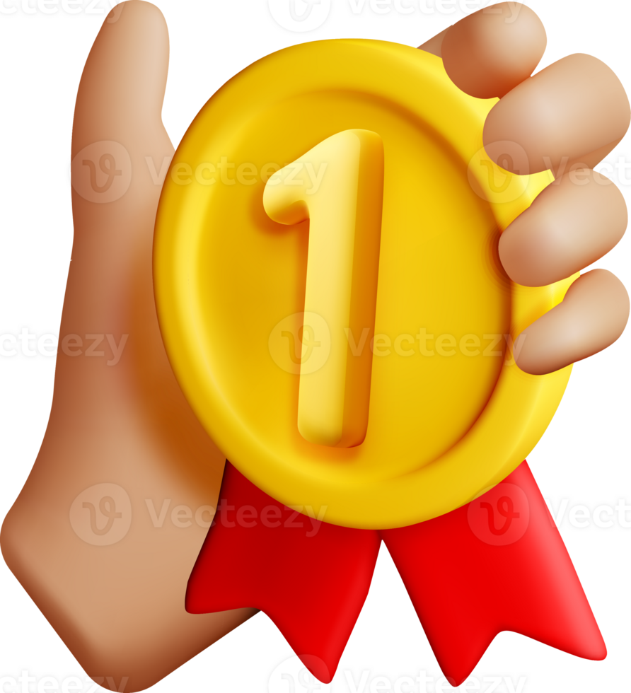 3D Gold Medal in Hand with Red Ribbon png