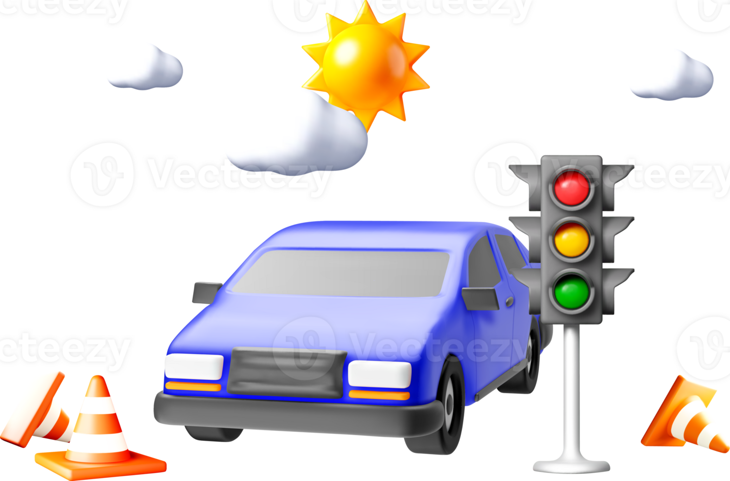 3D Car at Traffic Signal with Obstacles png