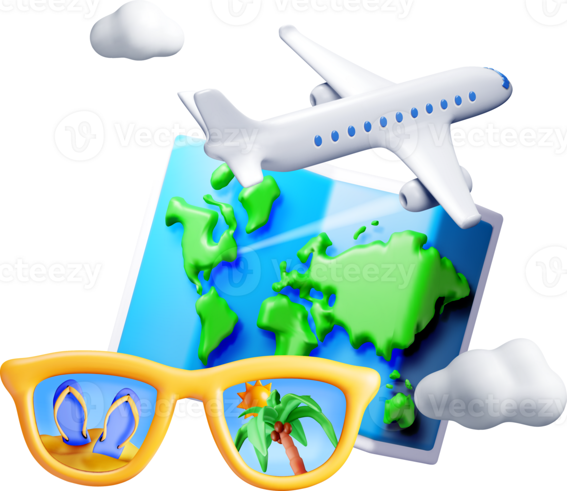 3D Travel Elements Plane, Map, and Glasses png