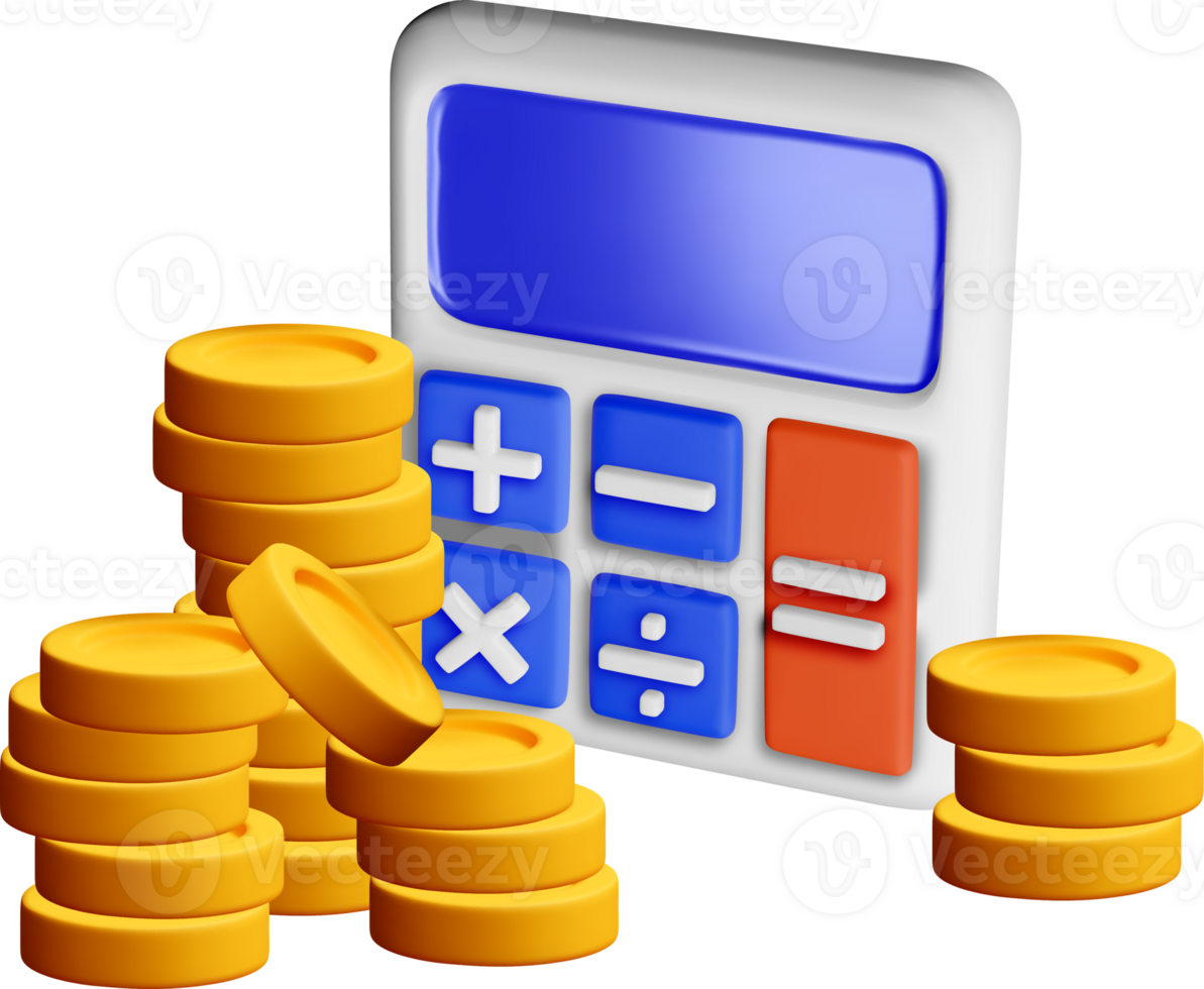 3D Calculator and Coins for Financial Calculations png