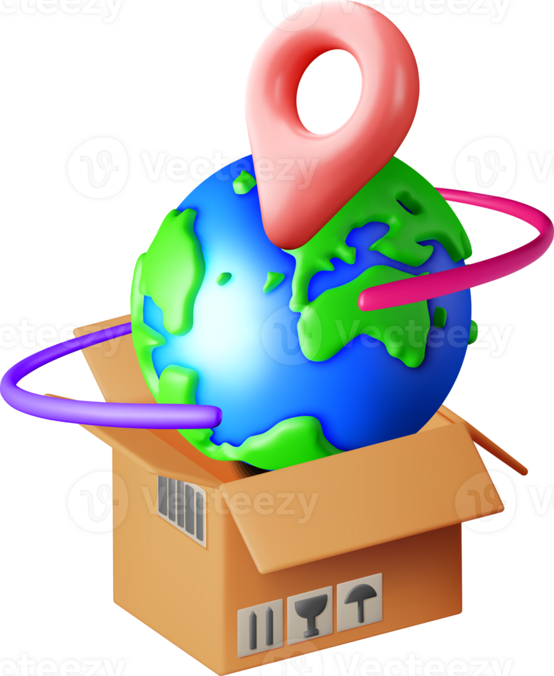 3D World Map with Delivery Box Concept png