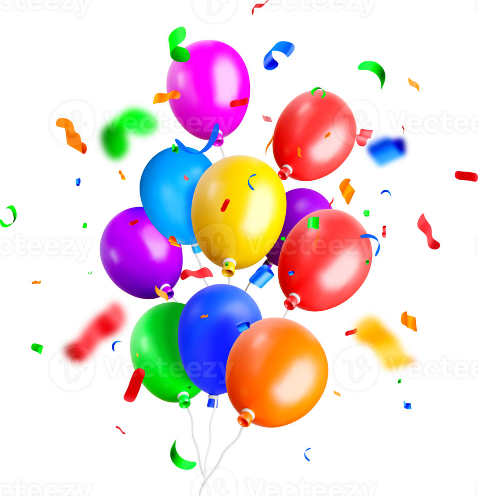 Colorful 3D Balloons with Festive Confetti png