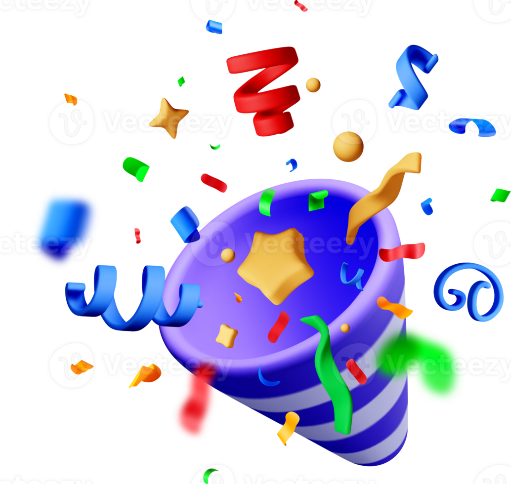 Colorful 3D Party Horn and Confetti Burst png