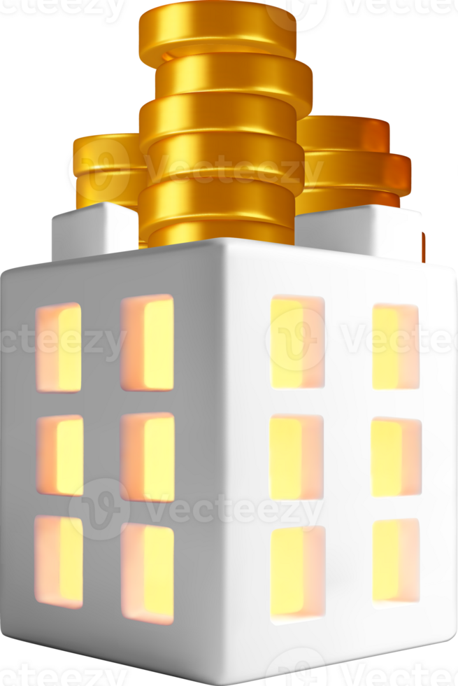 3D Building with Gold Coins Towering Above png