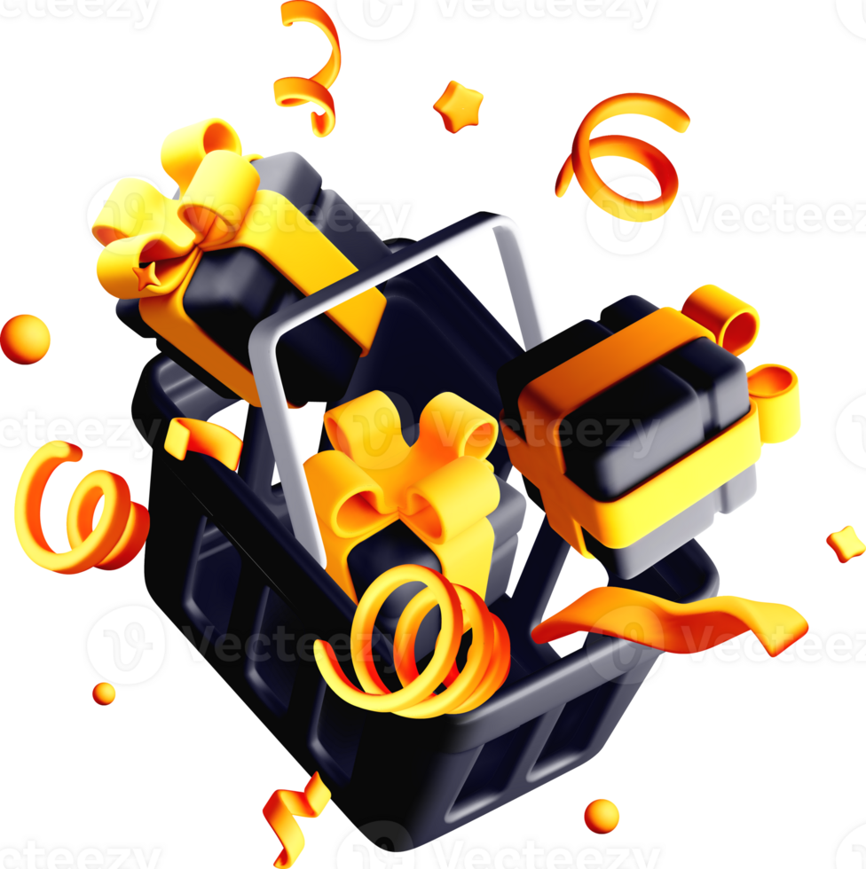 3D Shopping Basket with Colorful Gifts and Ribbons png