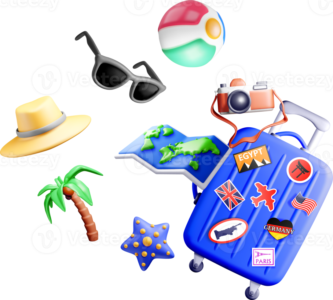 Colorful 3D Travel Accessories and Symbols png