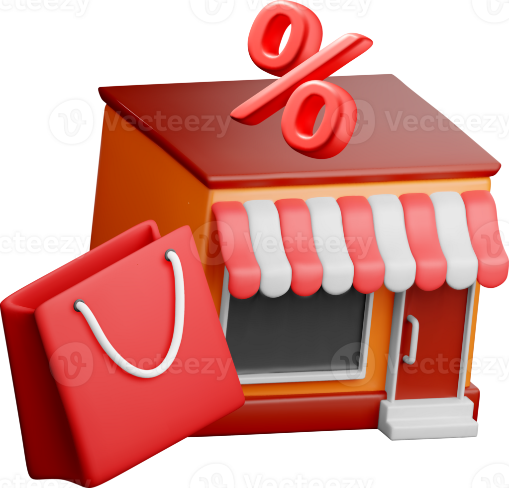 3D Storefront with Shopping Bag and Discount Sign png