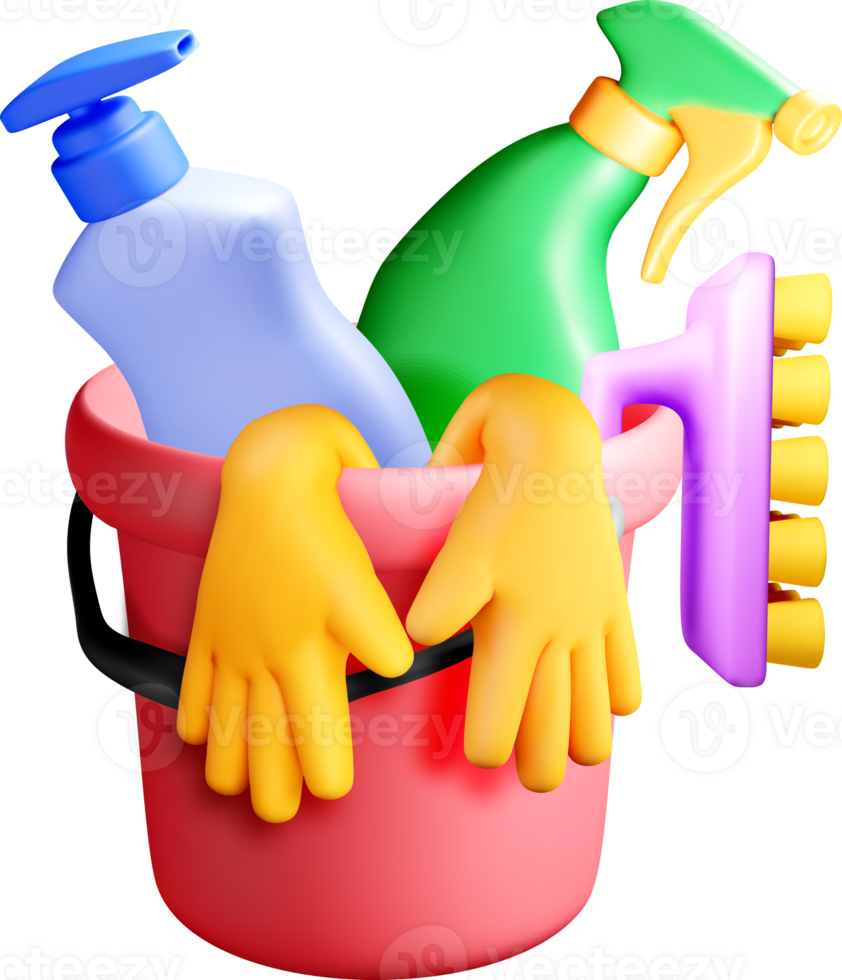 Colorful 3D Cleaning Supplies in a Bucket png
