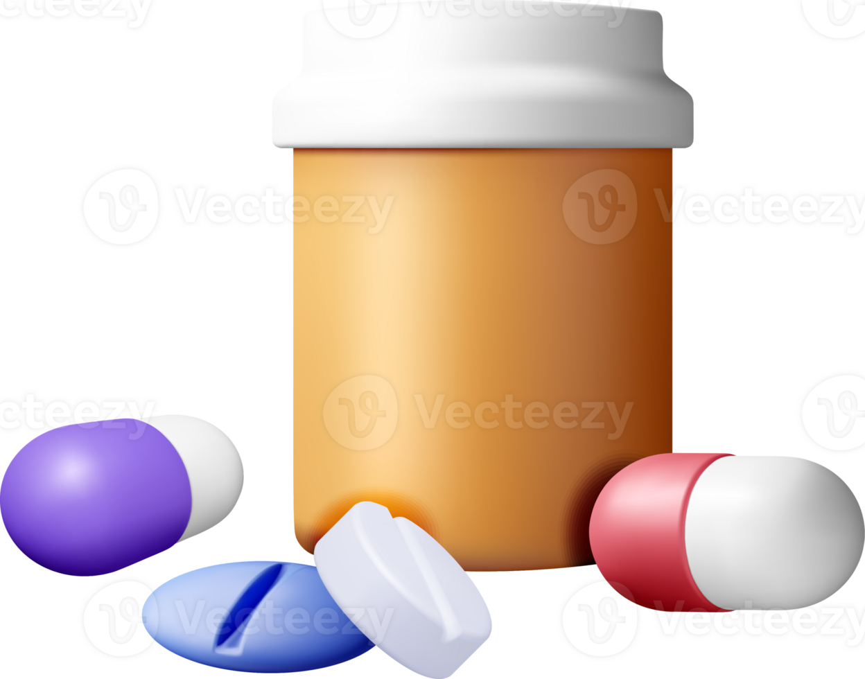 3D Pill Bottle and Colorful Capsules Model png