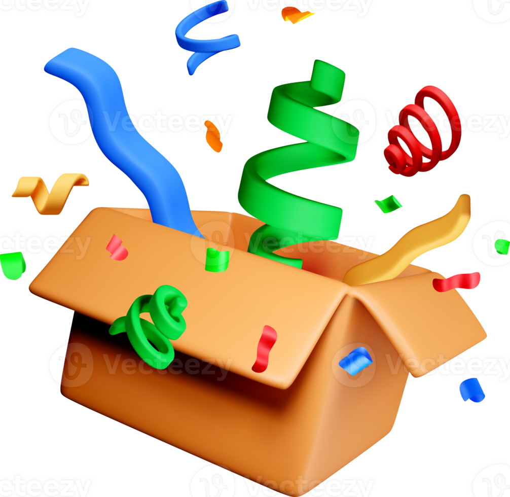 Colorful 3D Surprise Box with Party Streamers png