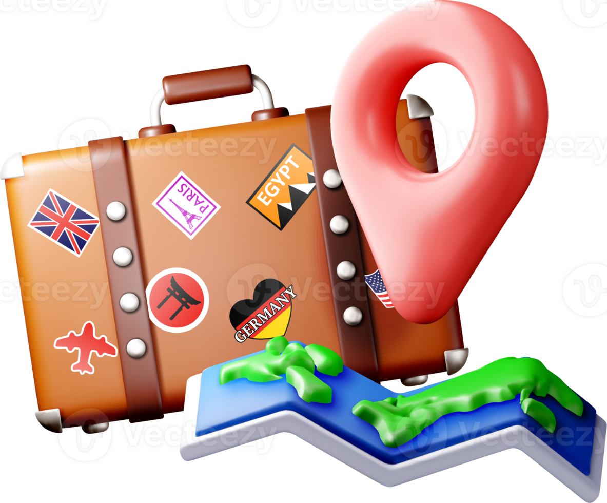 3D Travel Essentials Suitcase and Map Icons png