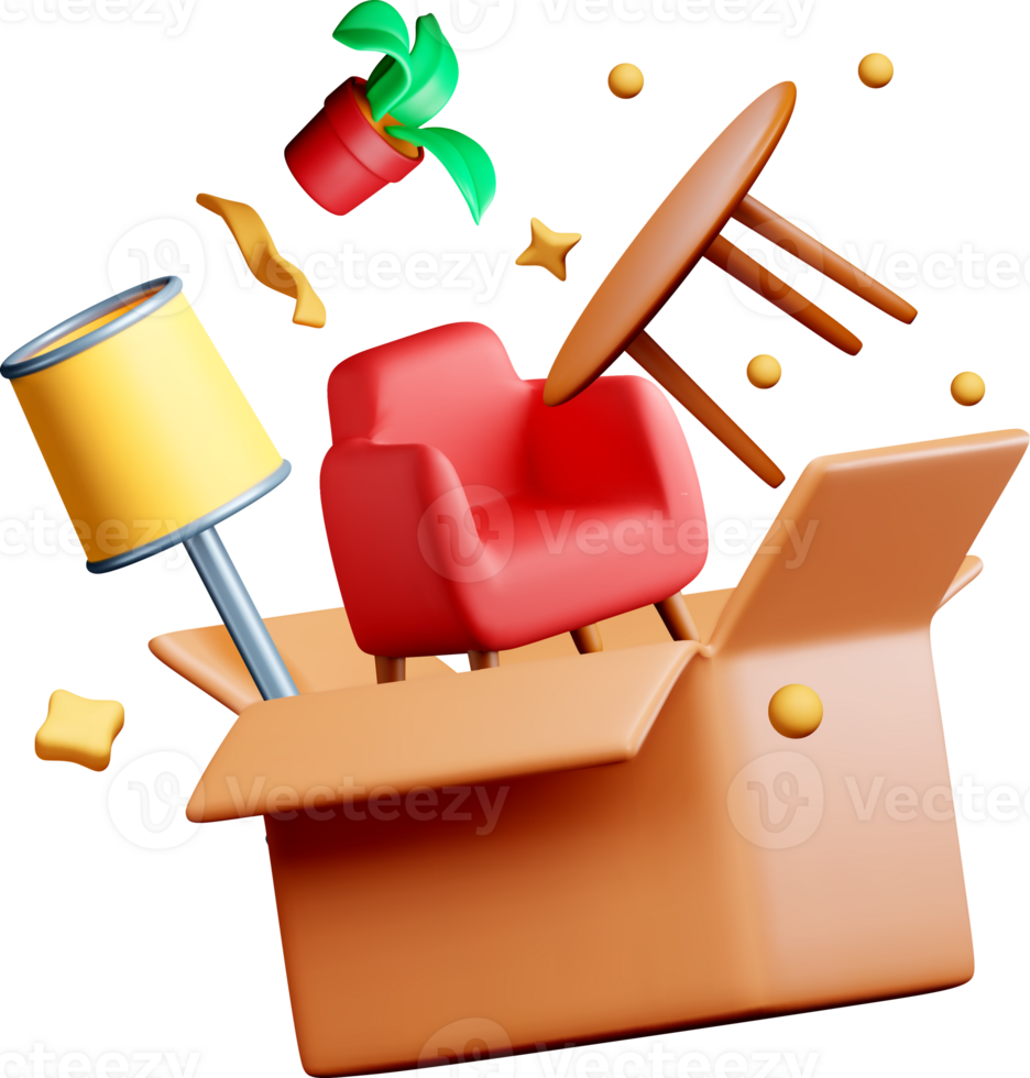 3D Moving Box with Furniture and Decor Items png