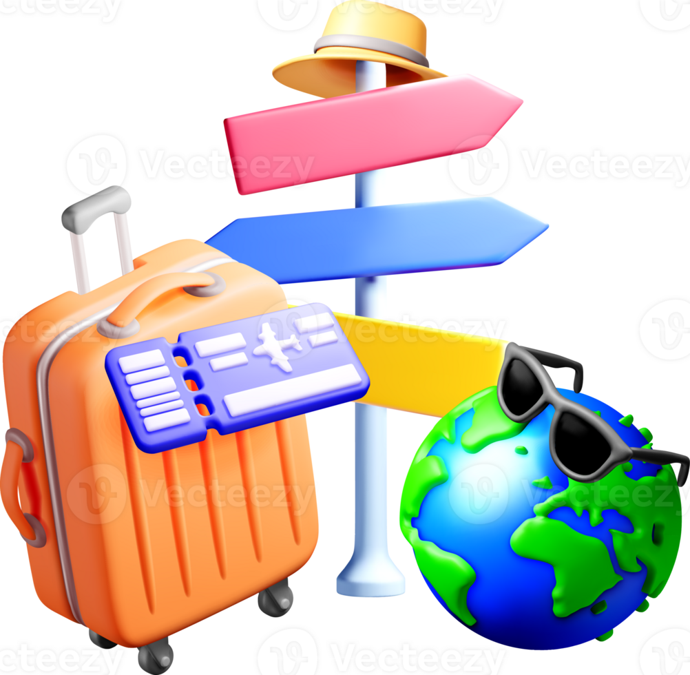 3D Travel Essentials with Luggage and Globe png