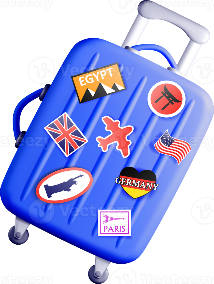 Colorful 3D Suitcase with Travel Stickers png