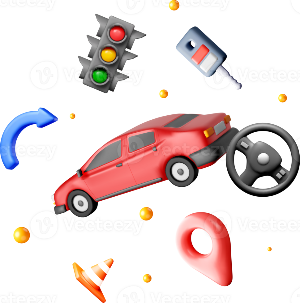 Colorful 3D Car with Traffic Symbols and Icons png