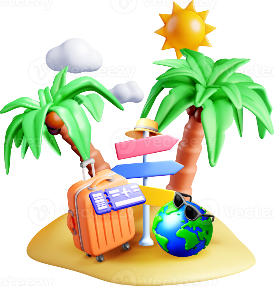 Colorful 3D Travel Scene with Tropical Elements png