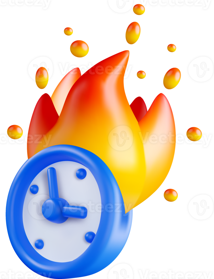 3D Clock with Fiery Flames and Bubbles png