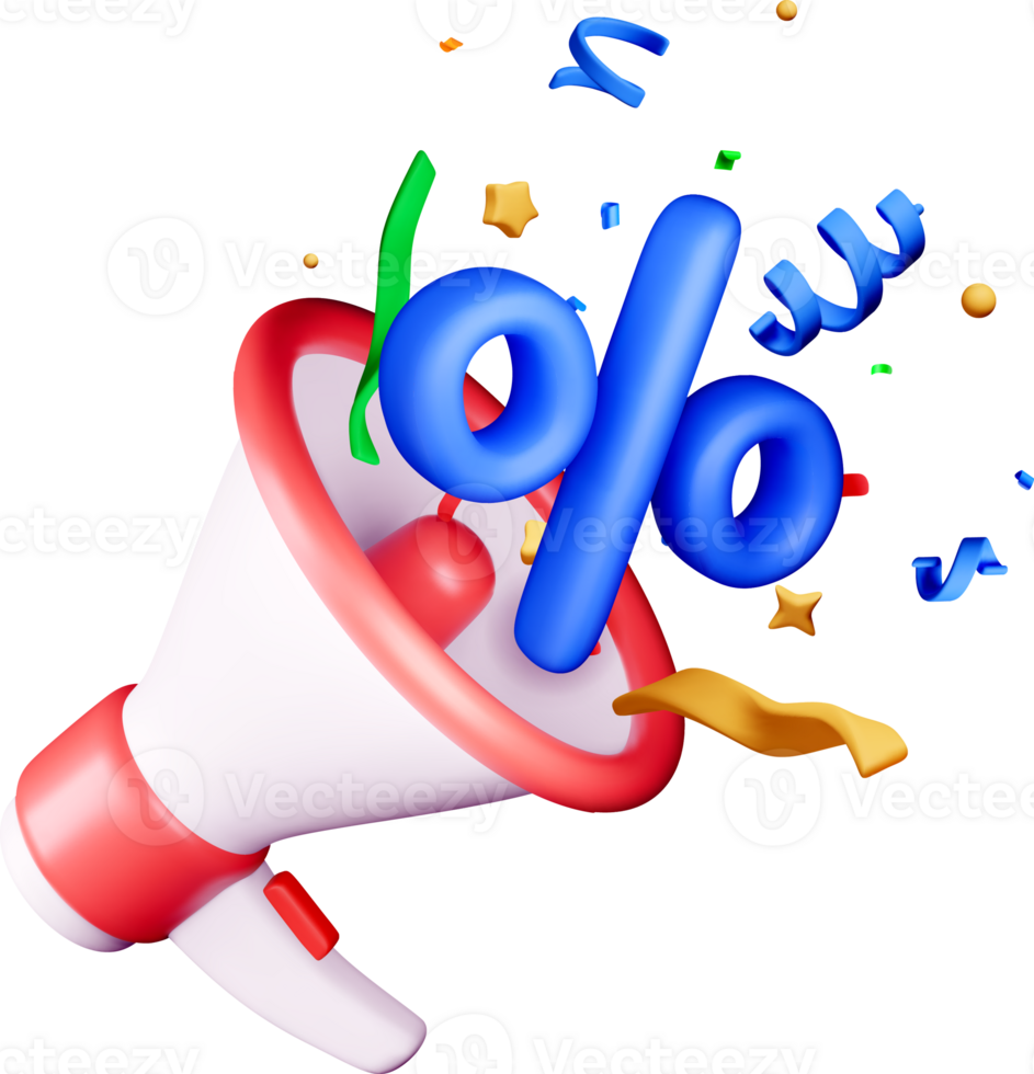 3D Megaphone with Percent Symbol and Confetti png