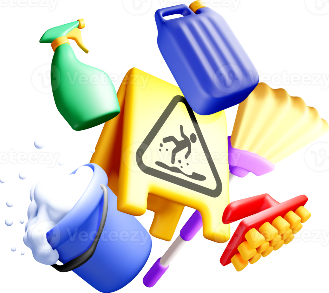 Colorful 3D Cleaning Supplies and Caution Sign png