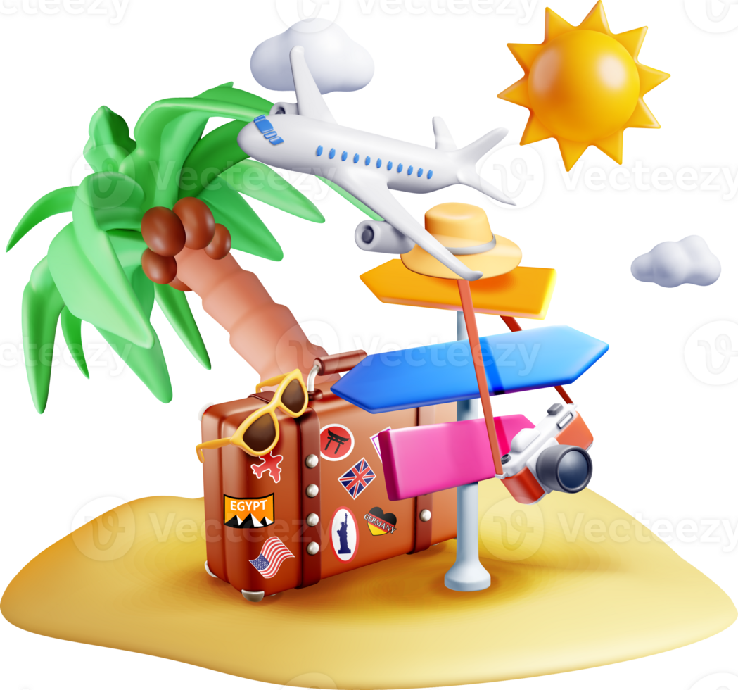 3D Vacation Travel Scene with Suitcase and Signs png