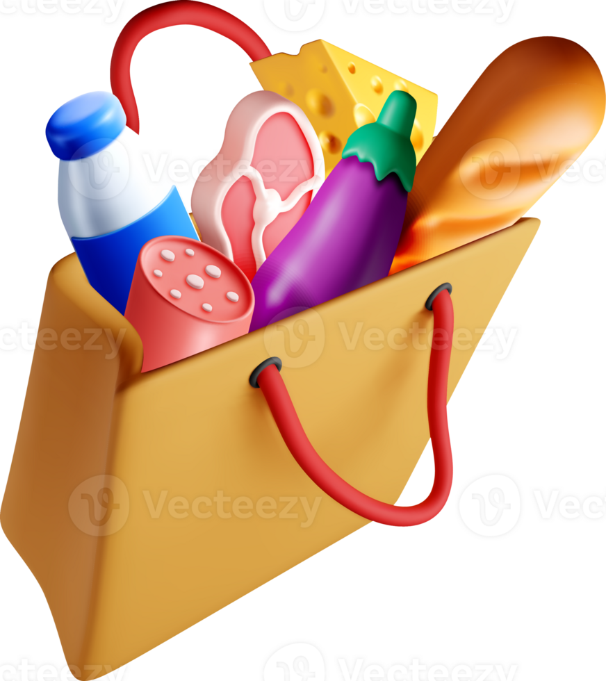 Colorful 3D Grocery Bag Filled with Items png