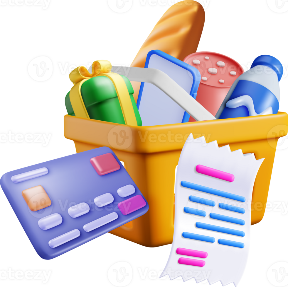 Colorful Grocery Basket with 3D Items png
