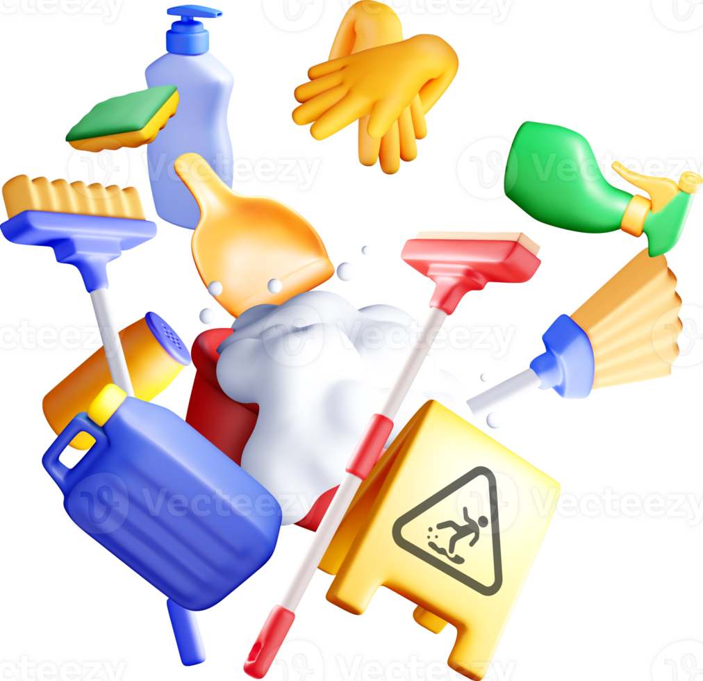 Colorful 3D Cleaning Supplies in Motion png