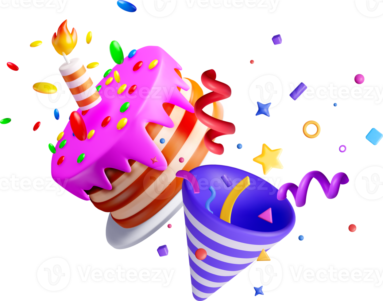 Colorful 3D Birthday Cake and Party Elements png