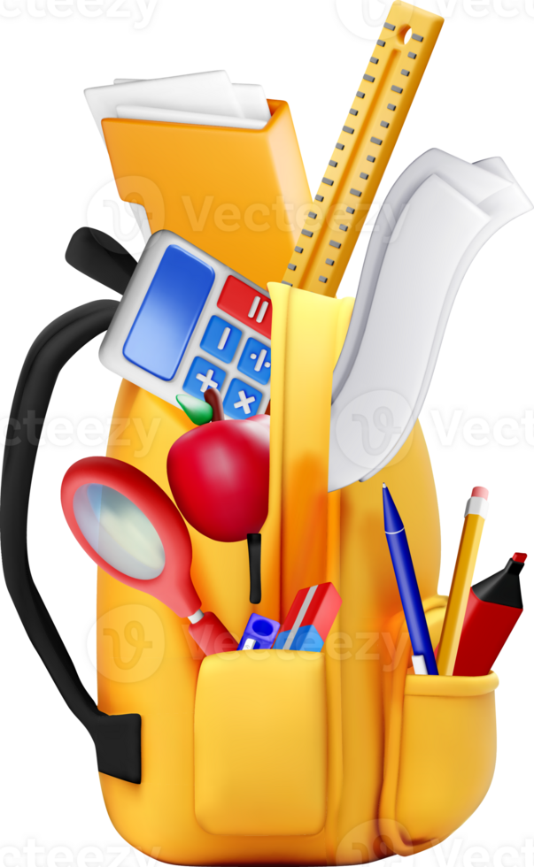 Colorful 3D School Backpack with Supplies png