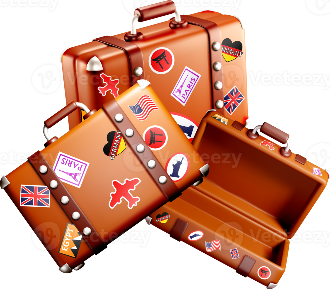 Colorful 3D Suitcases with Travel Stickers png