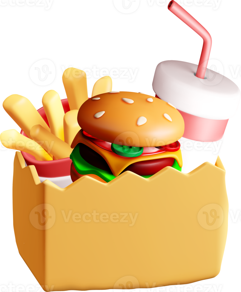 3D Fast Food Combo Burger, Fries, and Drink. png