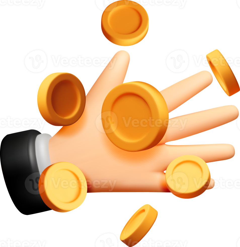 3D Hand Tossing Gold Coins in the Air png