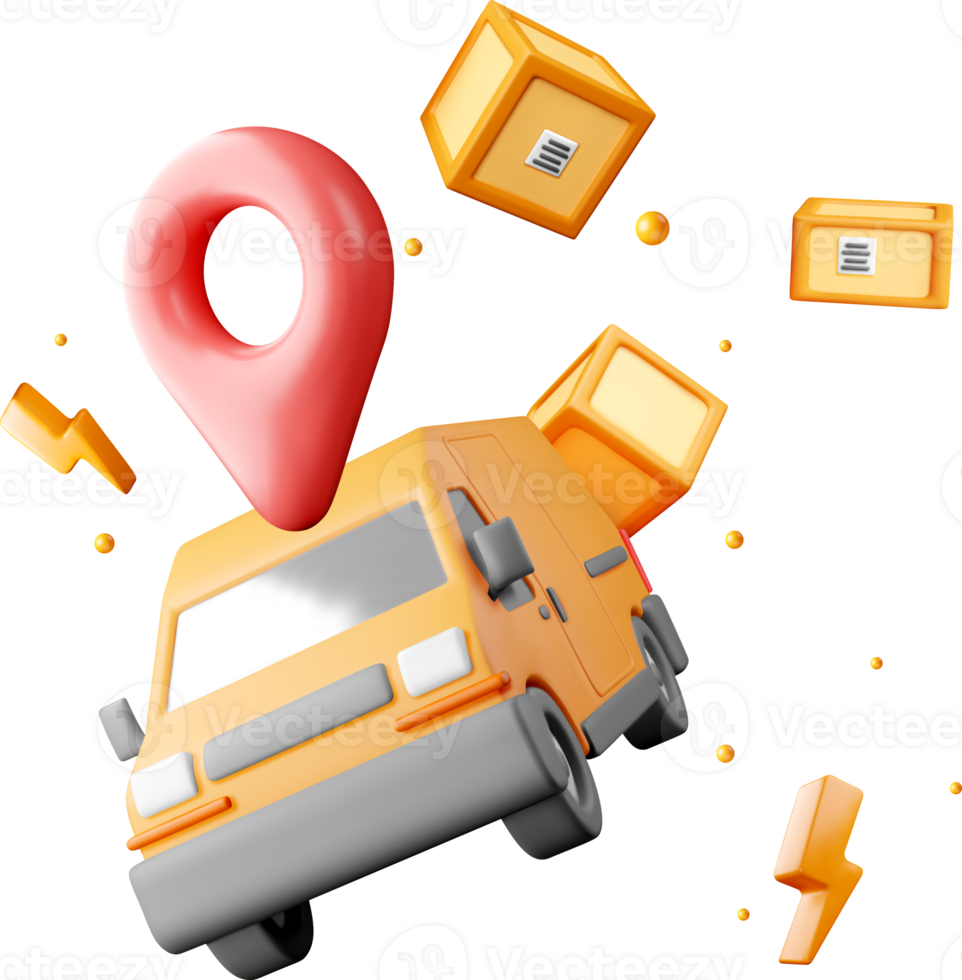 3D Delivery Van with Packages and Location Pin png