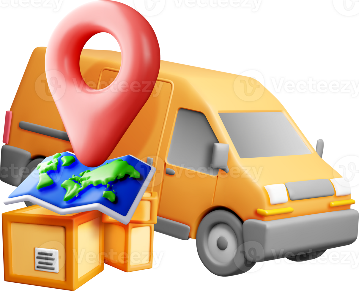 3D Delivery Van with Map and Location Pin png