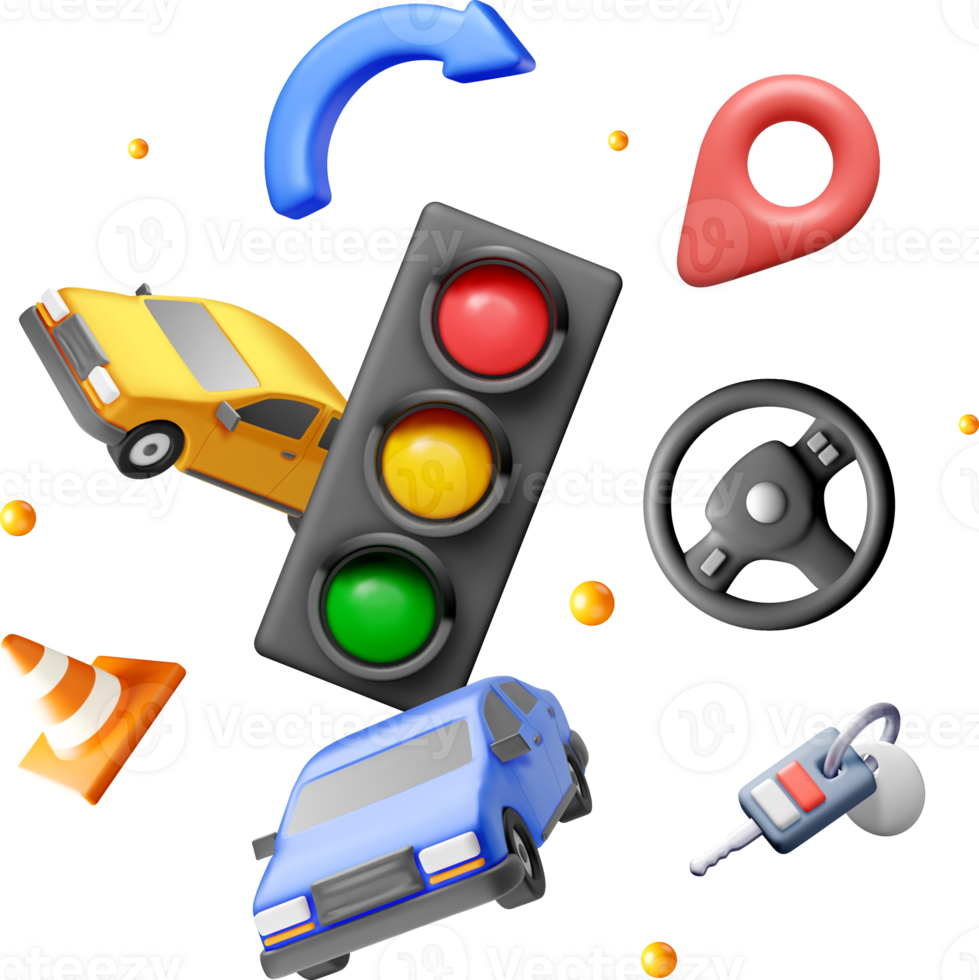 Colorful 3D Traffic Symbols and Vehicles Graphic png