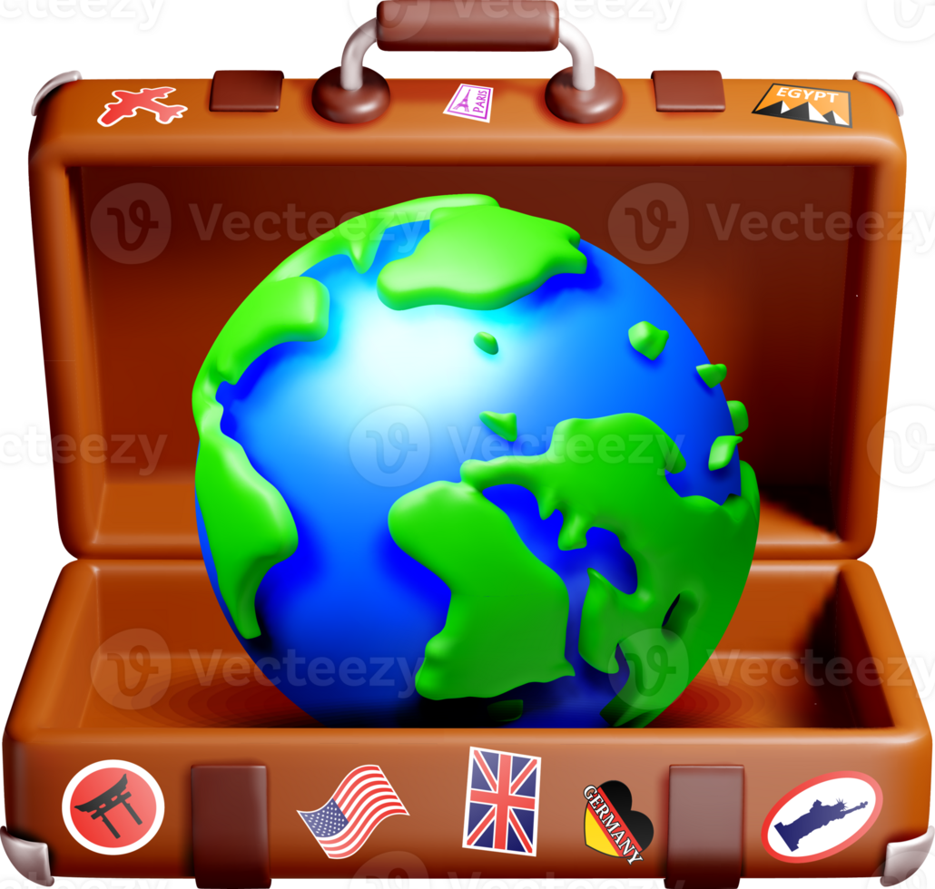 3D Globe Inside an Open Suitcase with Stickers png