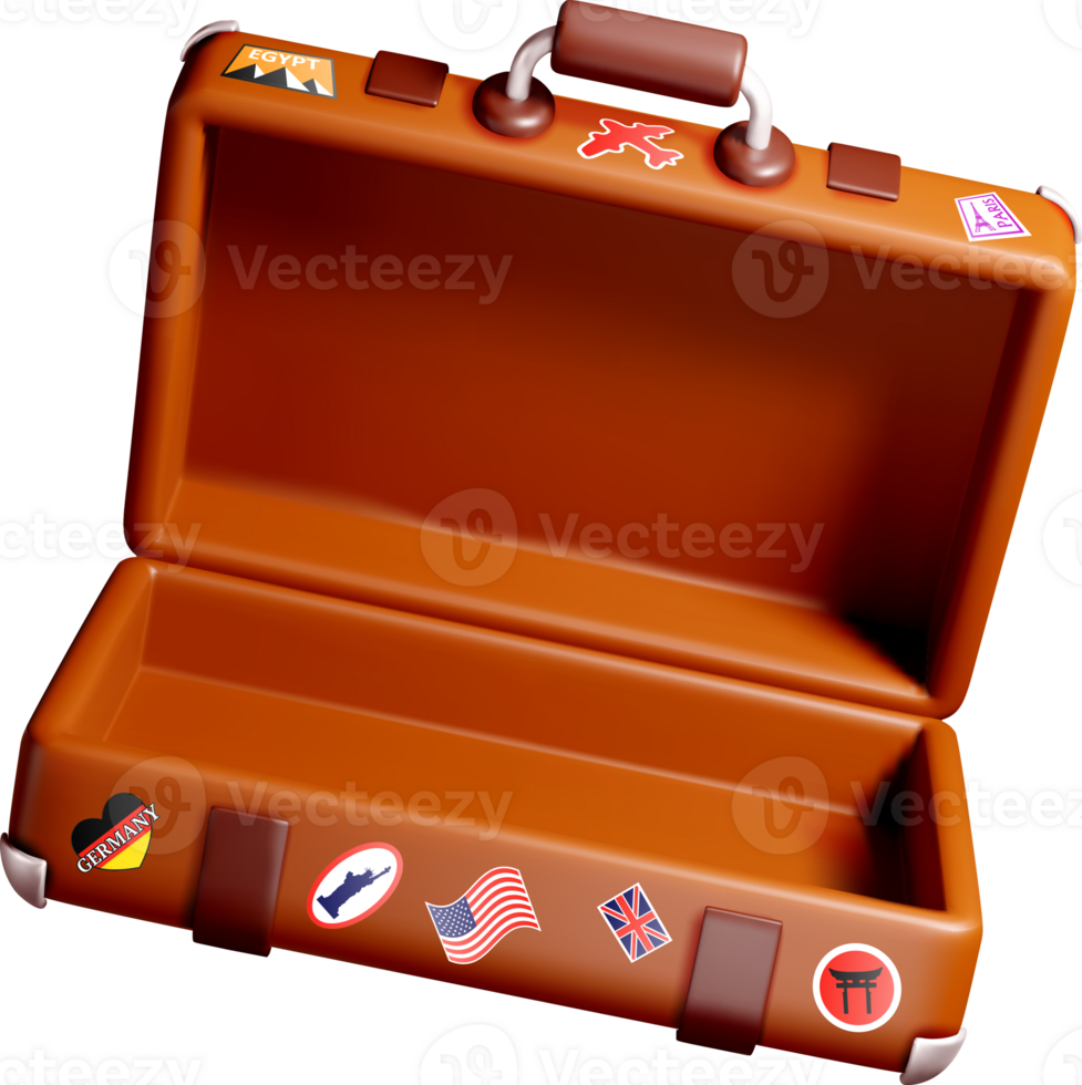 Open 3D Suitcase Filled with Travel Stickers png