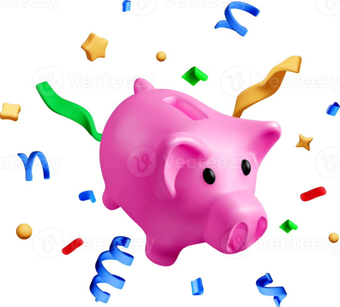 Colorful 3D Piggy Bank Surrounded by Symbols png