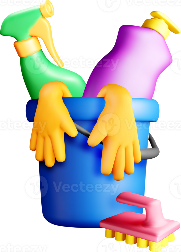 Colorful Cleaning Supplies in a 3D Bucket png