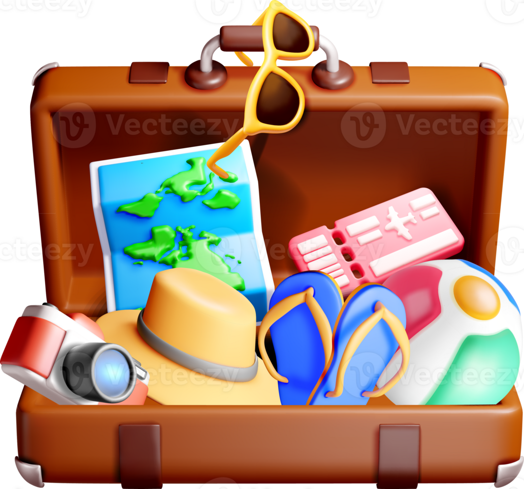 Colorful 3D Travel Essentials Packed Suitcase png