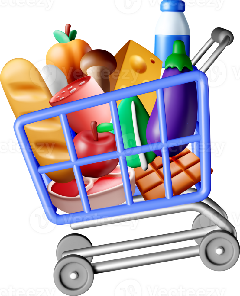 Colorful 3D Shopping Cart Full of Groceries png