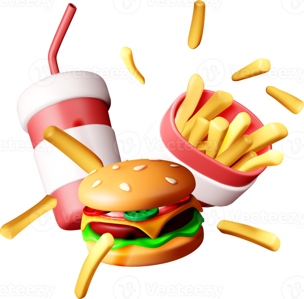 Colorful 3D Fast Food Burger and Fries png