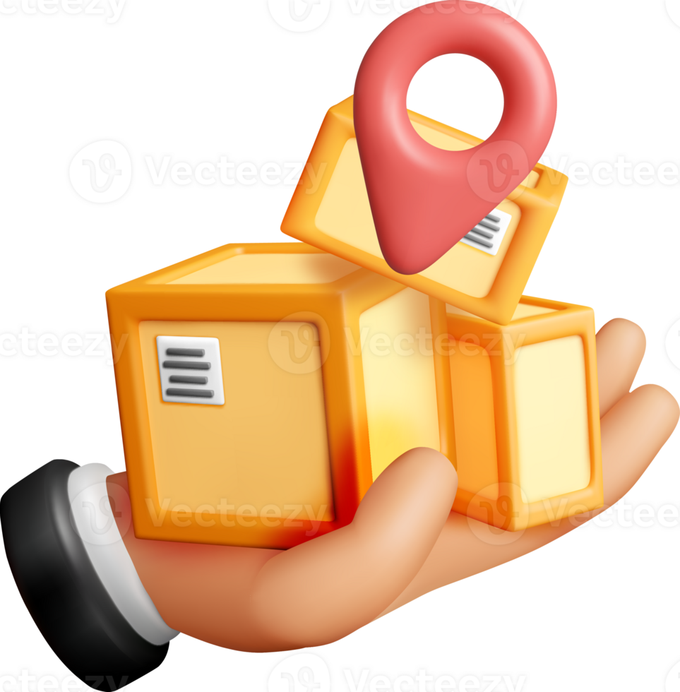 3D Hand Holding Packages with Location Pin png
