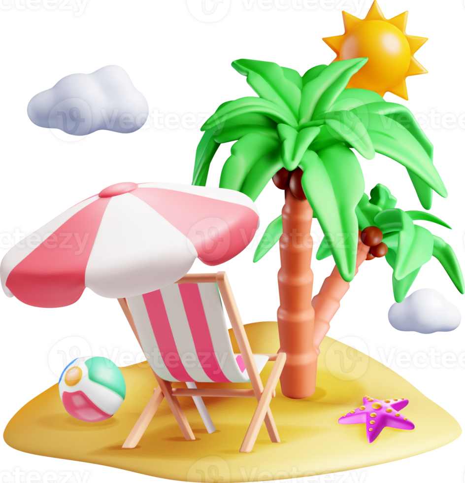 Colorful 3D Beach Scene with Umbrella and Palm png