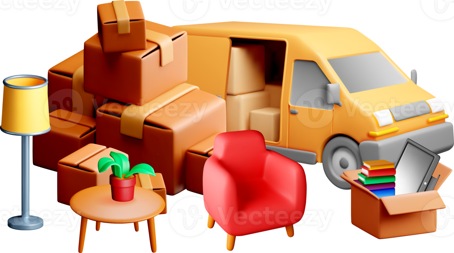 3D Moving Van Loaded with Furniture and Boxes png